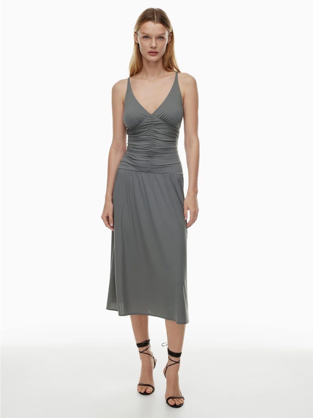 NWT Aritzia (Ten) Coal Grey Ruched V-Neck Maxi Dress